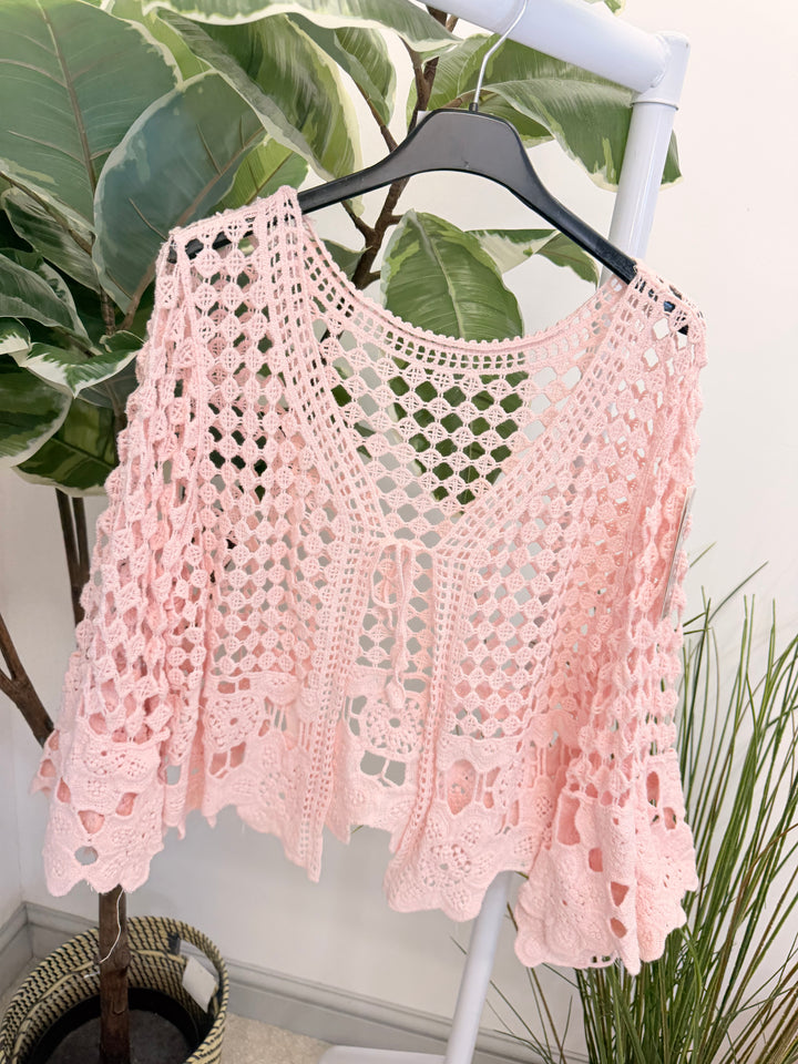 Ladies Fashion Crochet Bolero Cardigan pale pink