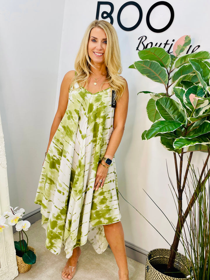 LADIES SUMMER HANKERCHIEF HOLIDAY DRESS - RED, NAVY & LIME KHAKI