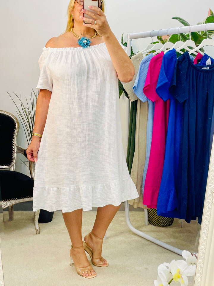 LADIES CHEESECLOTH SUMMER BARDOT MIDI DRESS - NAVY, WHITE, KHAKI, PINK, BLUE