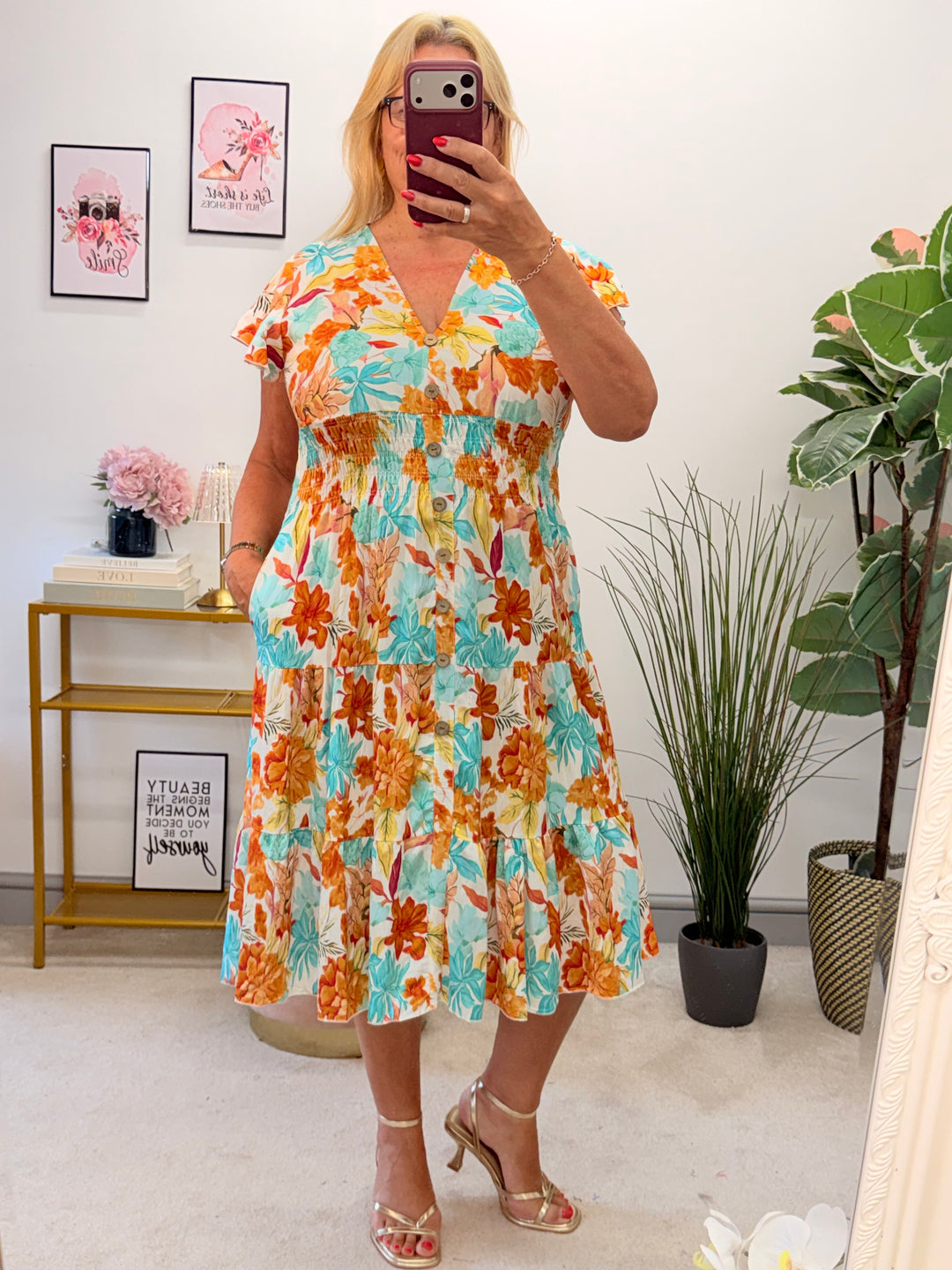 Ladies Floral Print Summer Magic Dress - Blue, Turquoise, Yellow & Green