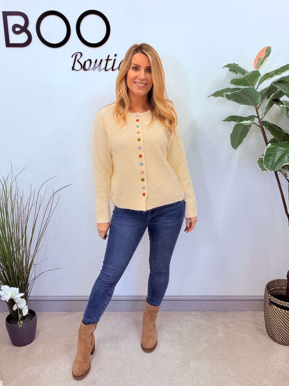 LADIES CREAM MULTI COLOURED BUTTON CARDIGAN TOP