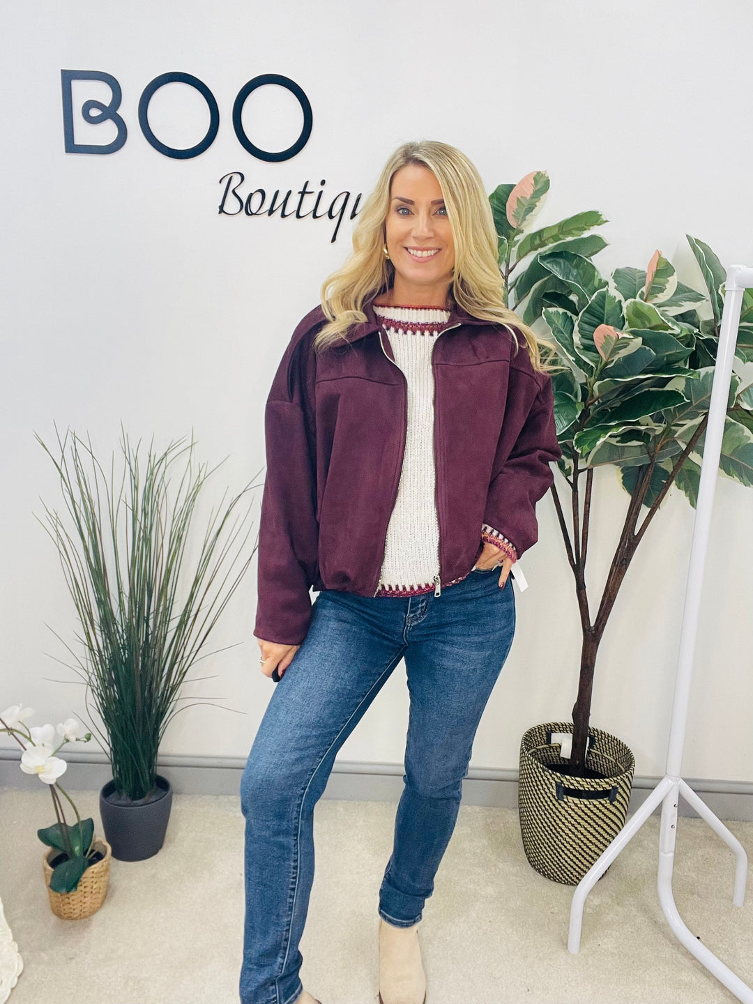LADIES FASHION FAUX SUEDE BOMBER JACKET - BLACK, BEIGE, BROWN & BURGUNDY WINE
