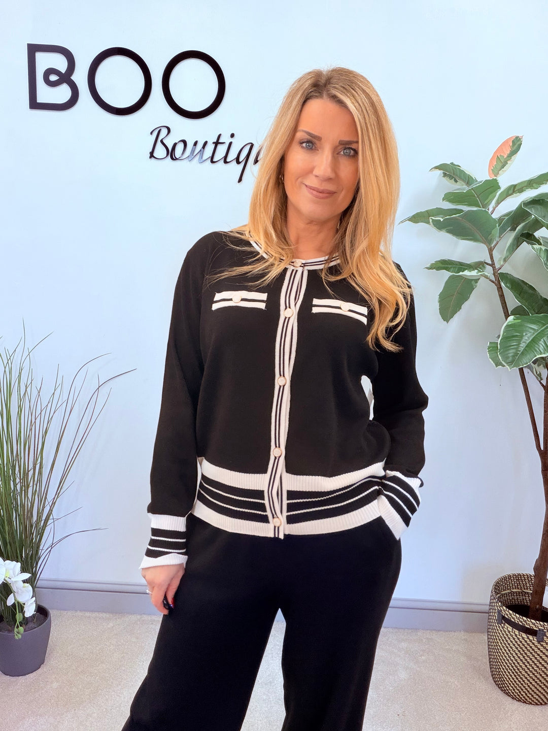 LADIES BLACK TROUSER MONOCHROME CARDIGAN CO ORD SET