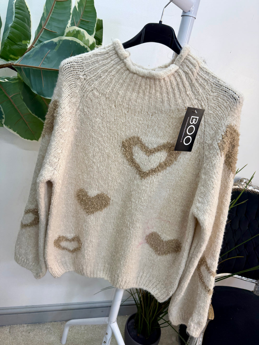 LADIES FASHION CHUNKY KNIT HEART JUMPER - PINK, BLUE, BEIGE & GREY