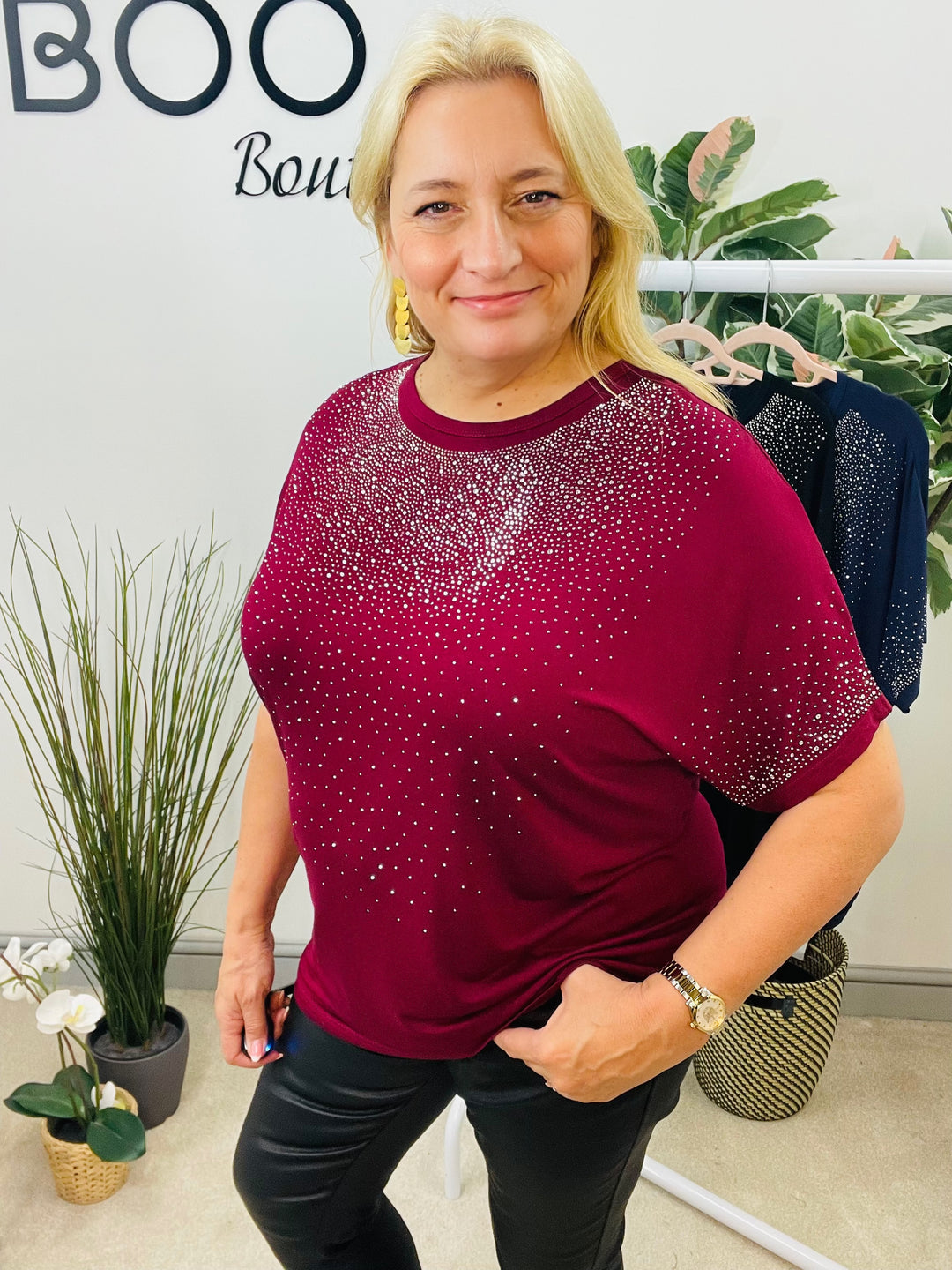 LADIES LOOSE FIT SPARKLY TEE T SHIRT - NAVY, BLACK, BERRY