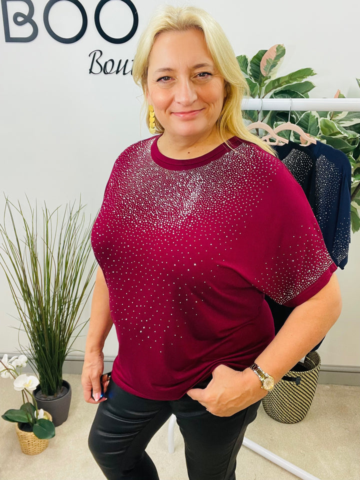 LADIES LOOSE FIT SPARKLY TEE T SHIRT - NAVY, BLACK, BERRY