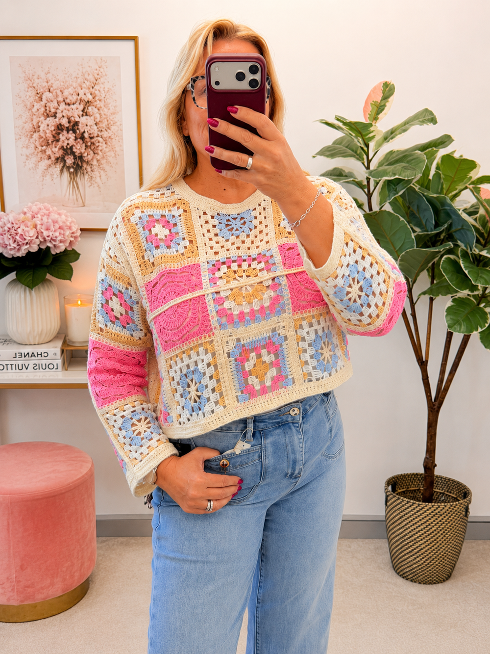Ladies Crochet Summer Long Sleeve Top - Pink & Lemon