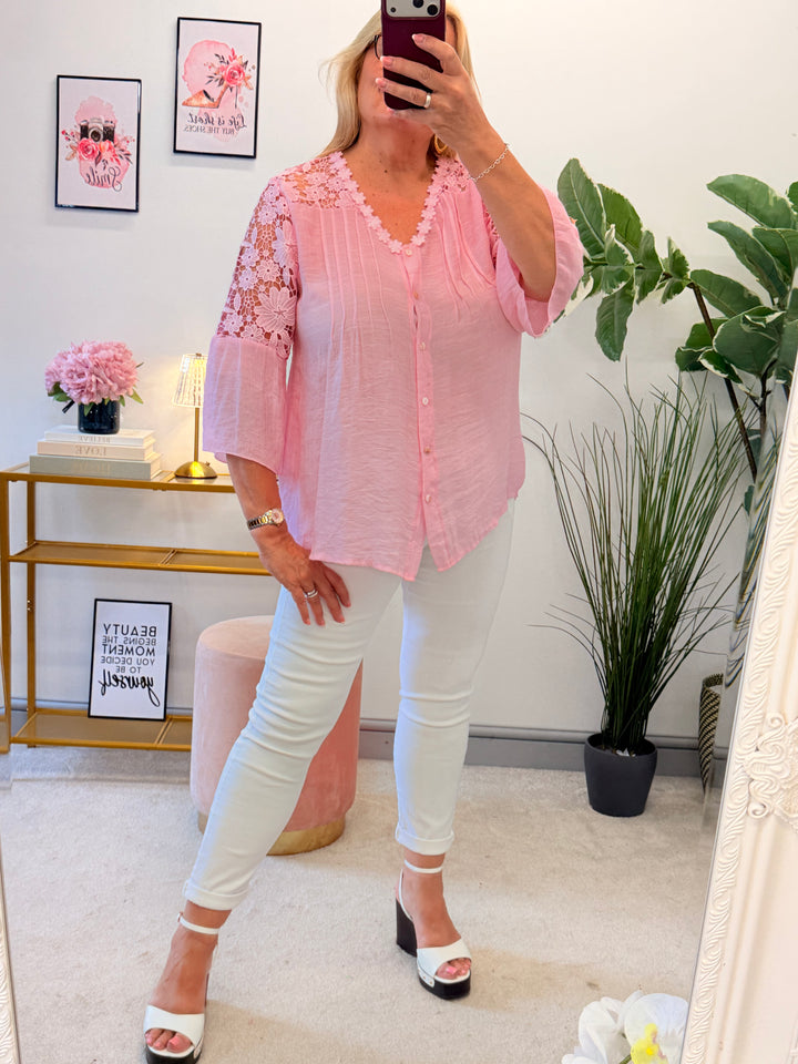 Ladies Lacy Floaty Summer Top - White, Blue, Pink, Lime