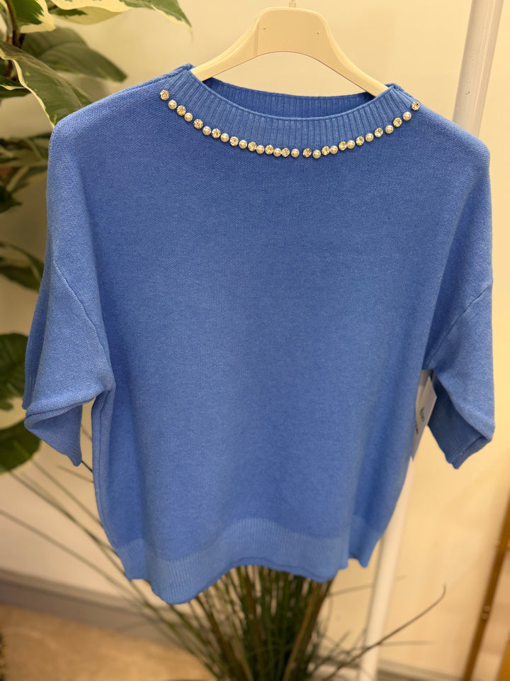 Ladies Fashion Diamante/Pearl Short Sleeve Jumper - Blue, White, Brown, Wine & Navy