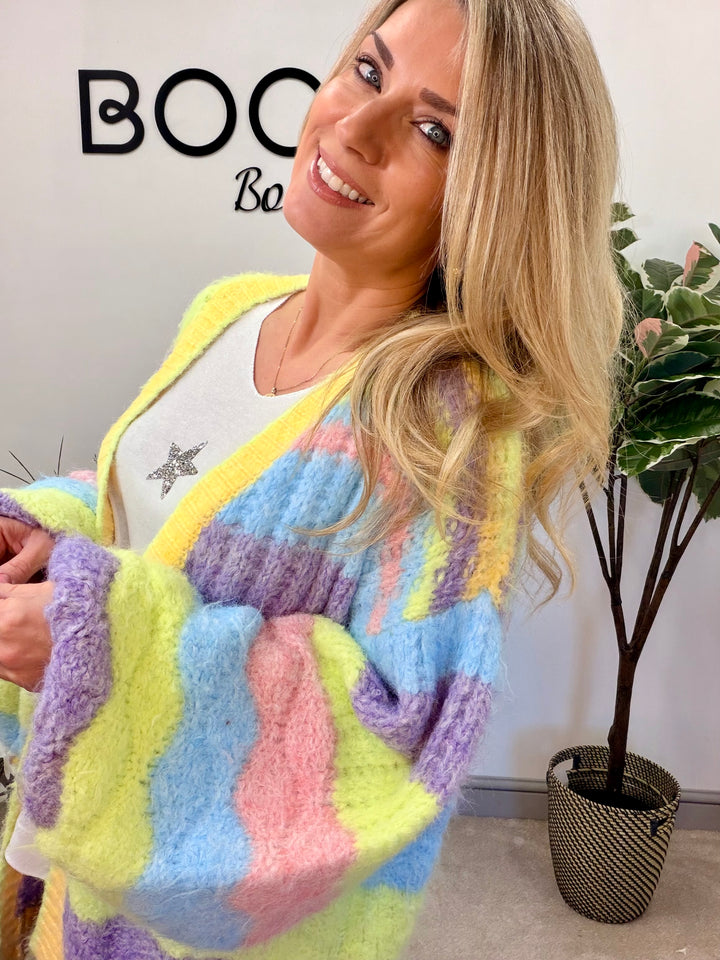 LADIES RAINBOW PASTEL STRIPE CHUNKY KNIT OVERSIZE CARDIGAN