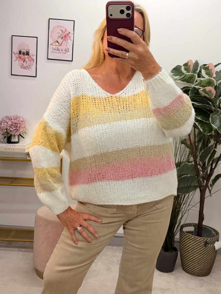 Ladies Fashion Stripe Slouch Chunky Knit Jumper - Mocha, Grey & Beige