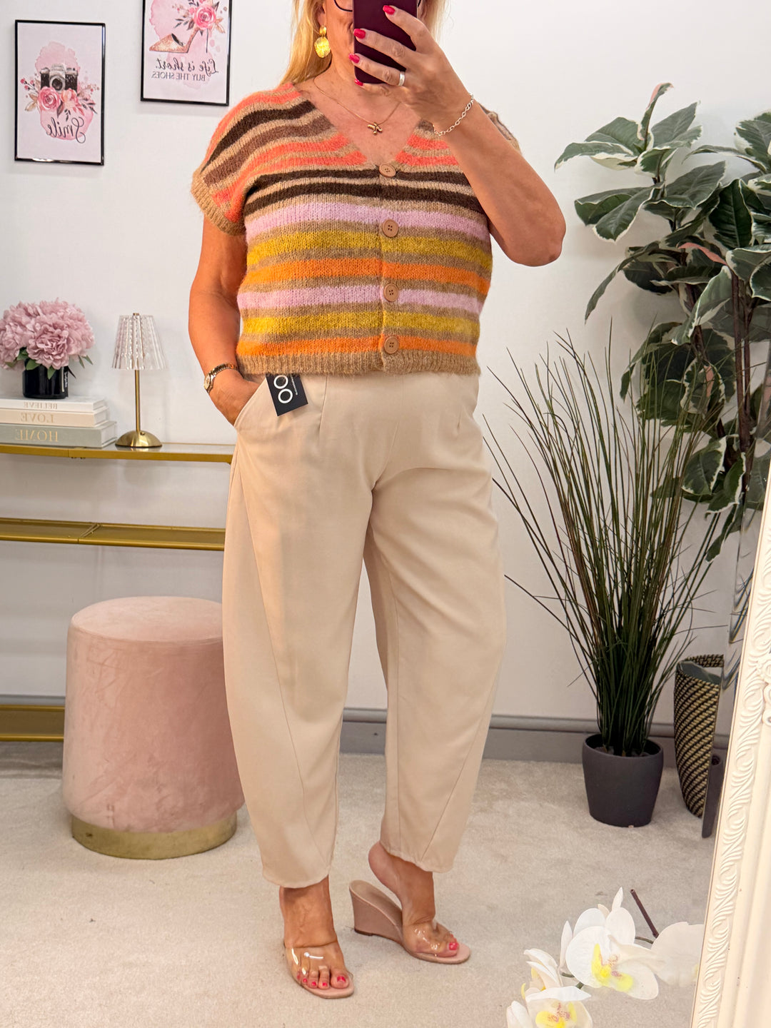 Ladies Fashion Stripe Knitted Sleeveless Cardigan Waistcoat - Pink & Orange