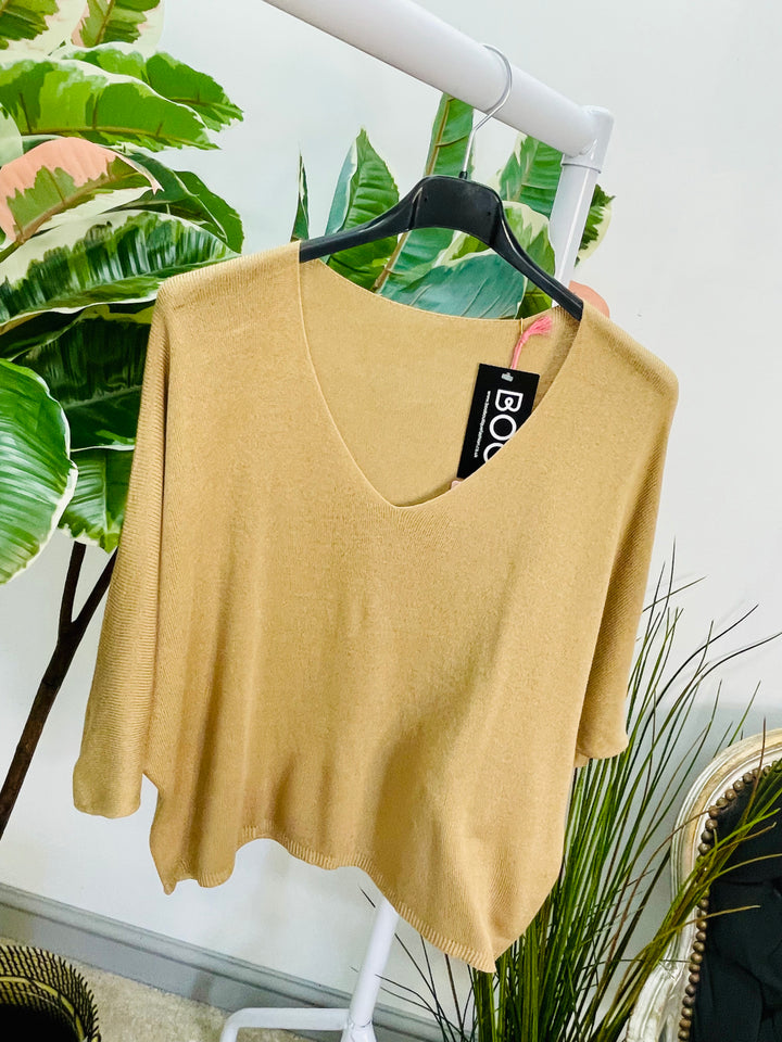 LADIES SOFT FINE KNIT V NECK TOP - YELLOW, WHITE, BROWN, TURQUOISE, CAMEL