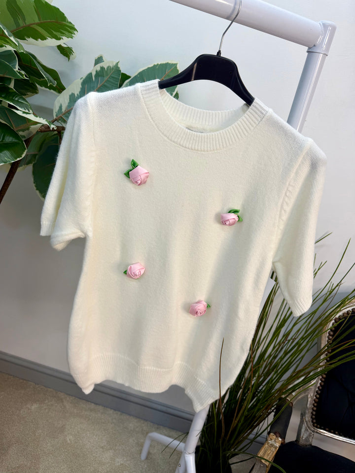 Ladies Fashion Pretty Short Sleeve Jumper - white and blue