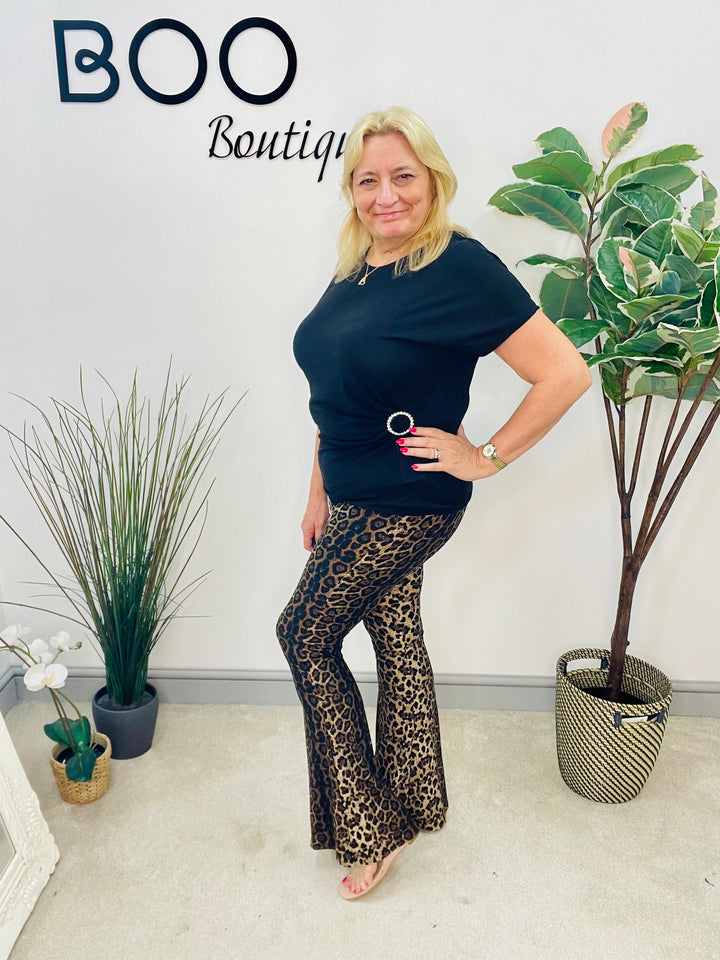 LADIES STRETCH LEOPARD PRINT FLARE LEGGINGS TROUSERS