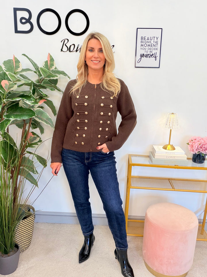 Womens military knitted zip up cardigan - black and brown 