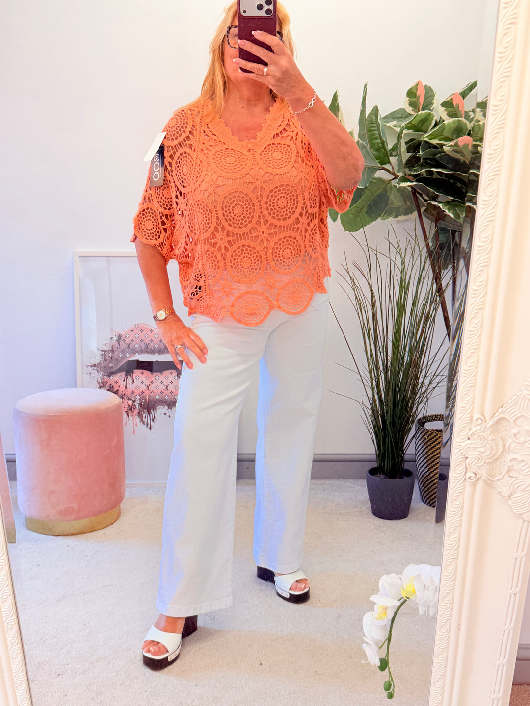 Ladies Fashion Crochet Top - White, Coral, Black, Pink