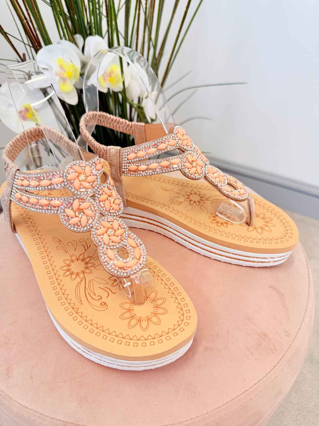 Ladies Fashion Pink Champagne Diamanté Toe Post Sandals