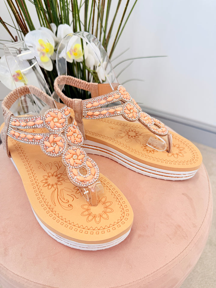 Ladies Fashion Pink Champagne Diamanté Toe Post Sandals