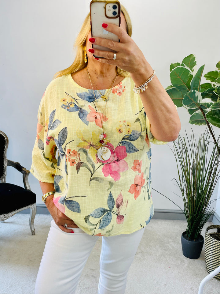 LADIES WOMENS FLORAL PRINT LINEN SUMMER TOP - PINK, ORANGE, BLUE, WHITE, YELLOW