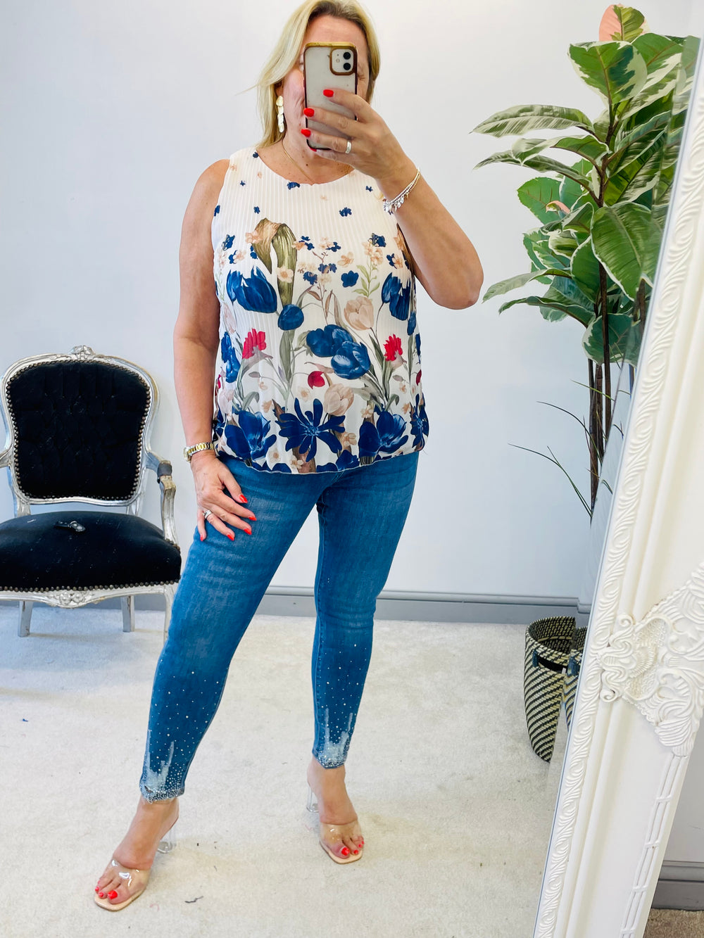 LADIES CHIFFON PLEATED FLORAL PRINT SUMMER TOP - RED & NAVY