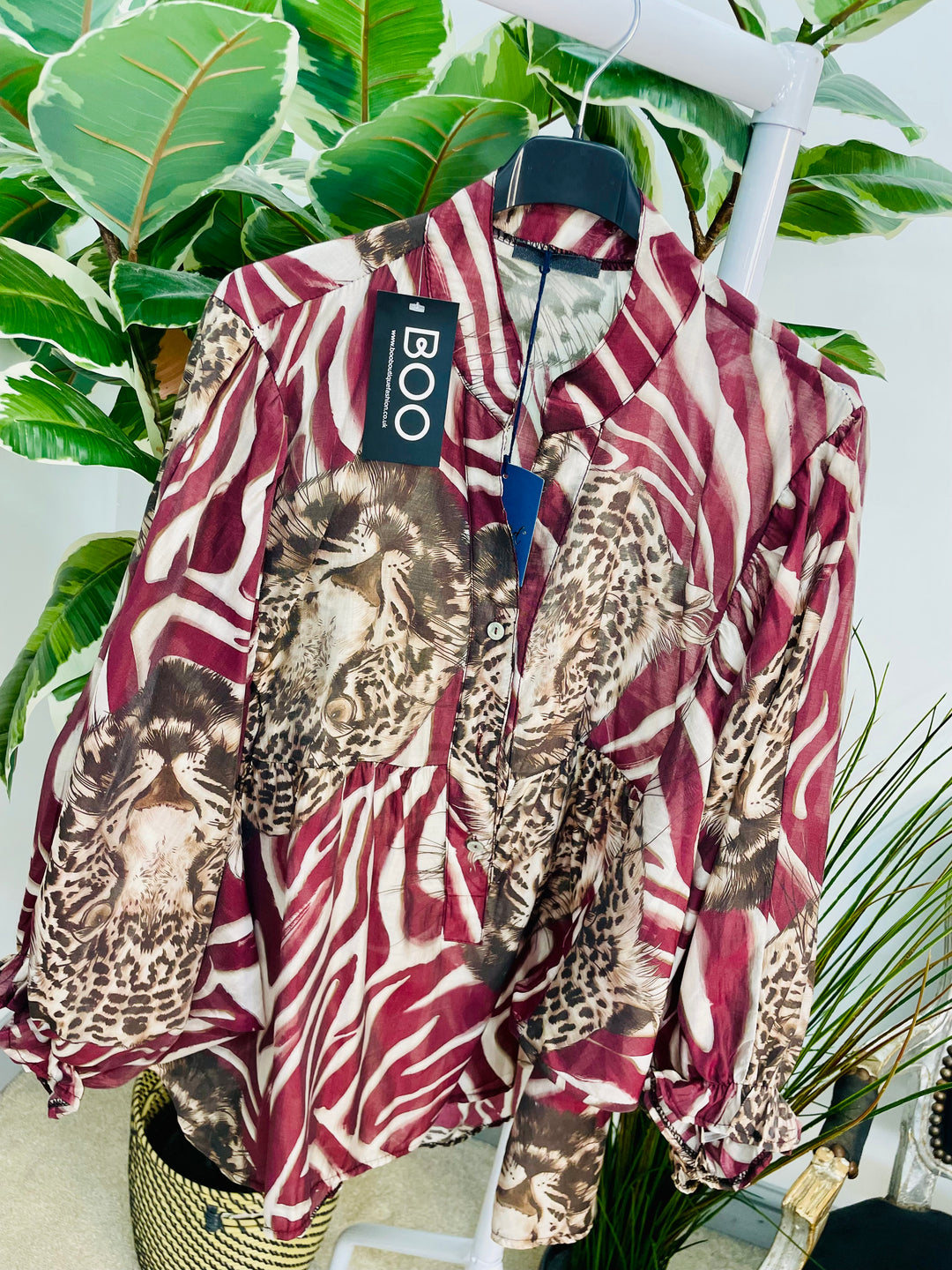LADIES ZEBRA & LEOPARD PRINT LOOSE FIT BLOUSE TOP - BURGUNDY, BLACK & BEIGE