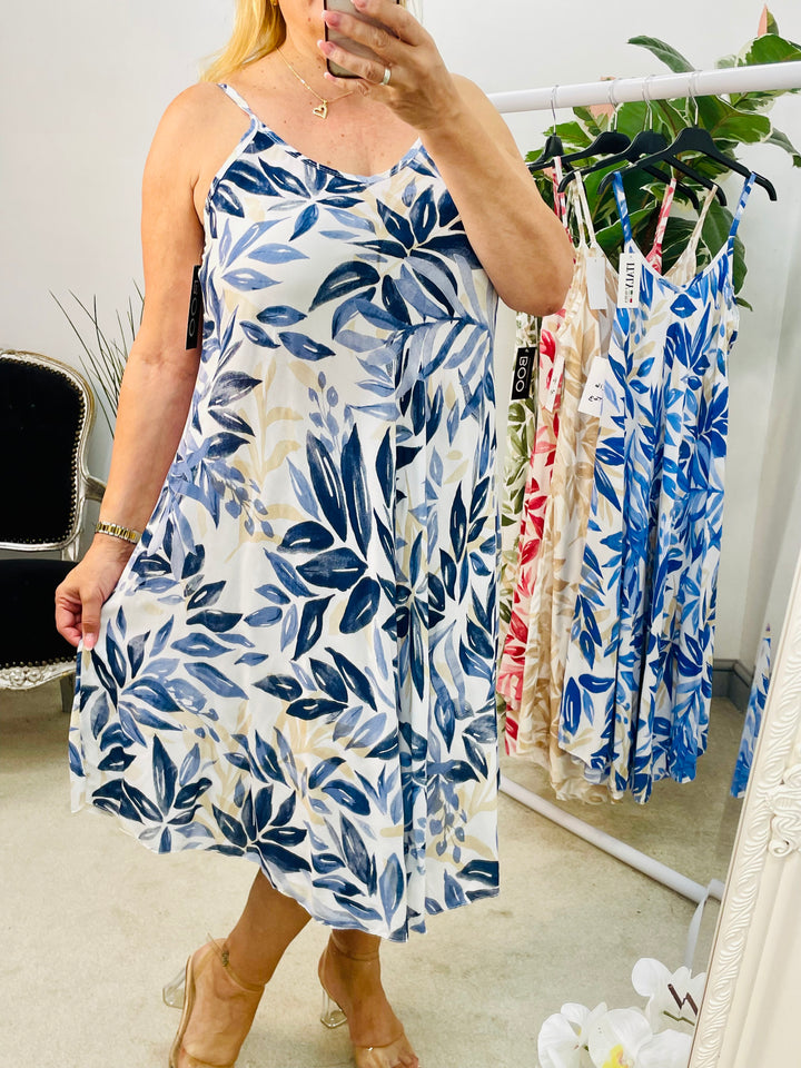 LADIES SUMMER MIDI HOLIDAY SUN DRESS - BEIGE, NAVY, BLUE, RED & KHAKI