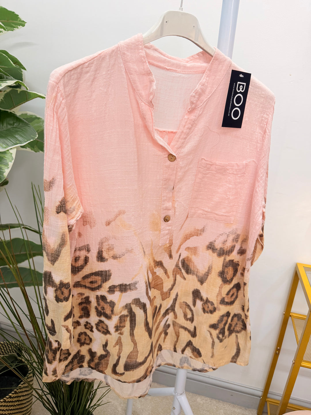 Ladies Light Linen Animal Print Grandad Shirt Top - White, Pink & Blue