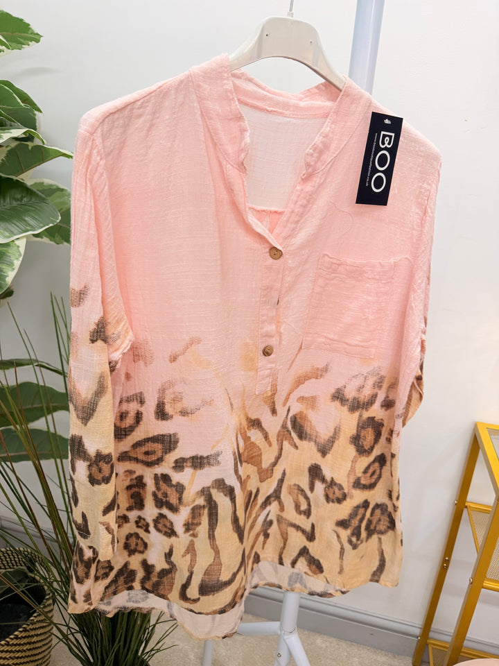 Ladies Light Linen Animal Print Grandad Shirt Top - White, Pink & Blue