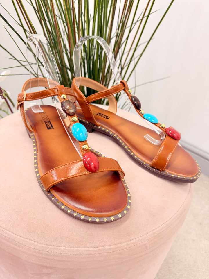 Ladies Tan Camel Stone Flat Summer Sandals