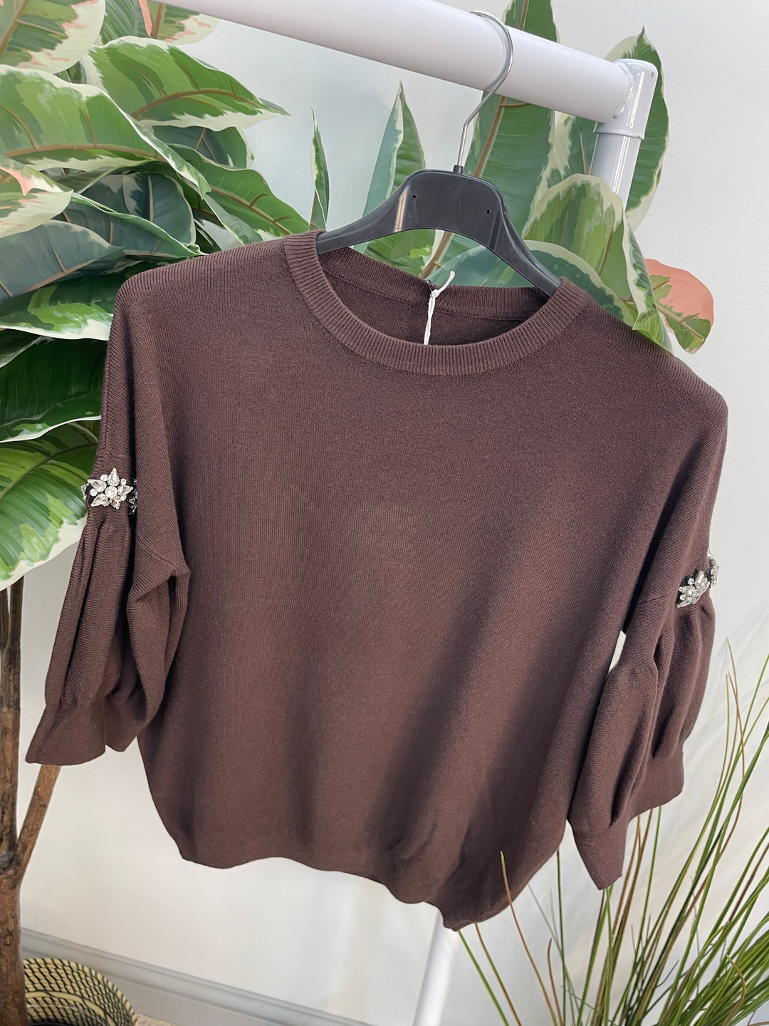 LADIES SOFT KNIT PUFF SLEEVE DIAMANTE JUMPER - BLACK, BURGUNDY, BEIGE & BROWN