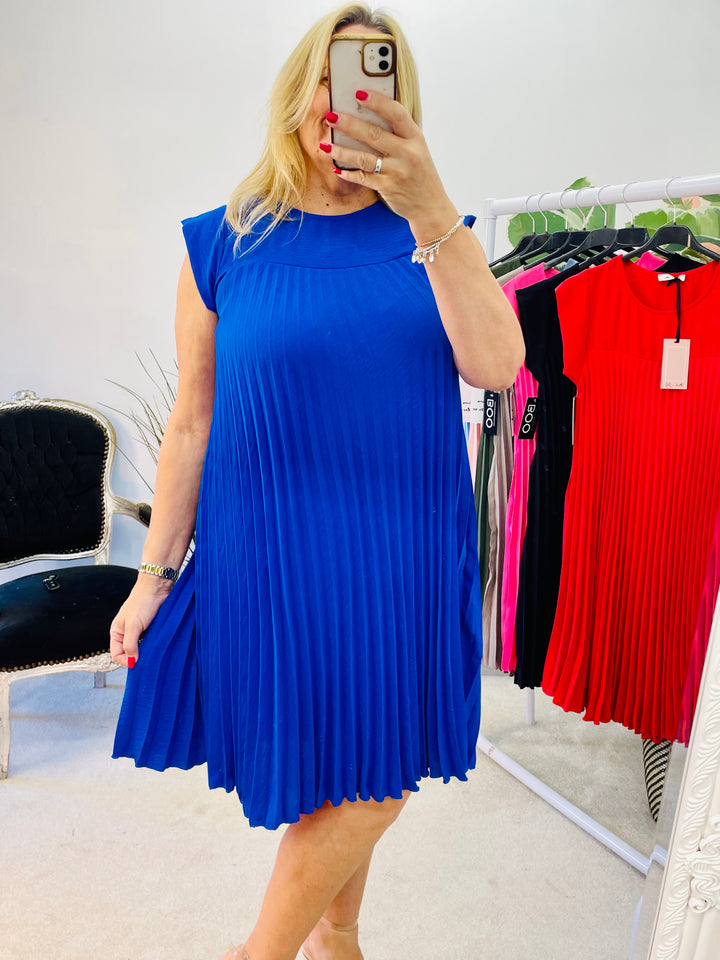 LADIES PLEATED SUMMER MIDI DAY DRESS - pink, black, red, pale blue, royal blue, khaki, fuschia pink, mocha