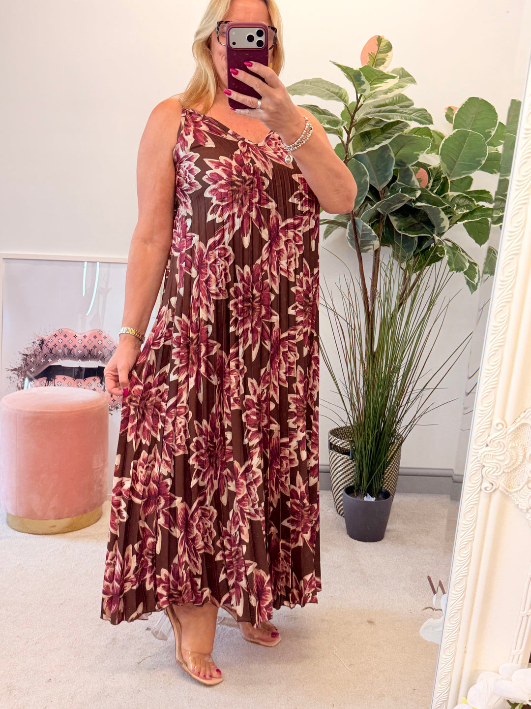 Ladies Pleated Satin Summer Maxi Dress - Brown, Khaki & Blue