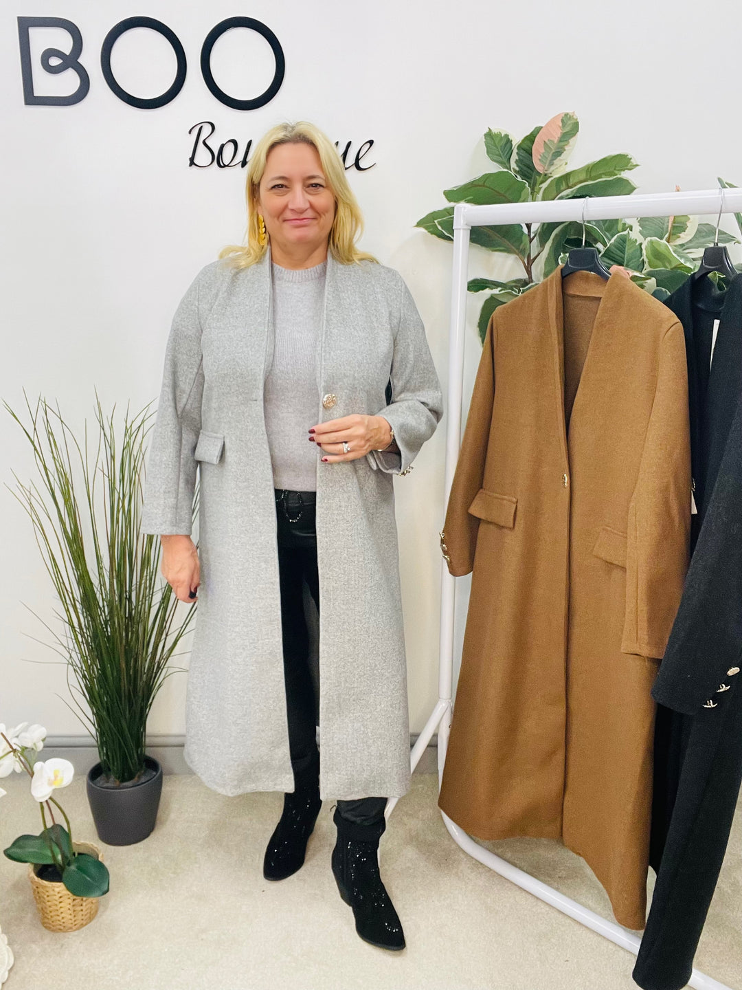 LADIES V NECK DUSTER COAT - CAMEL, CHARCOAL BLACK & GREY