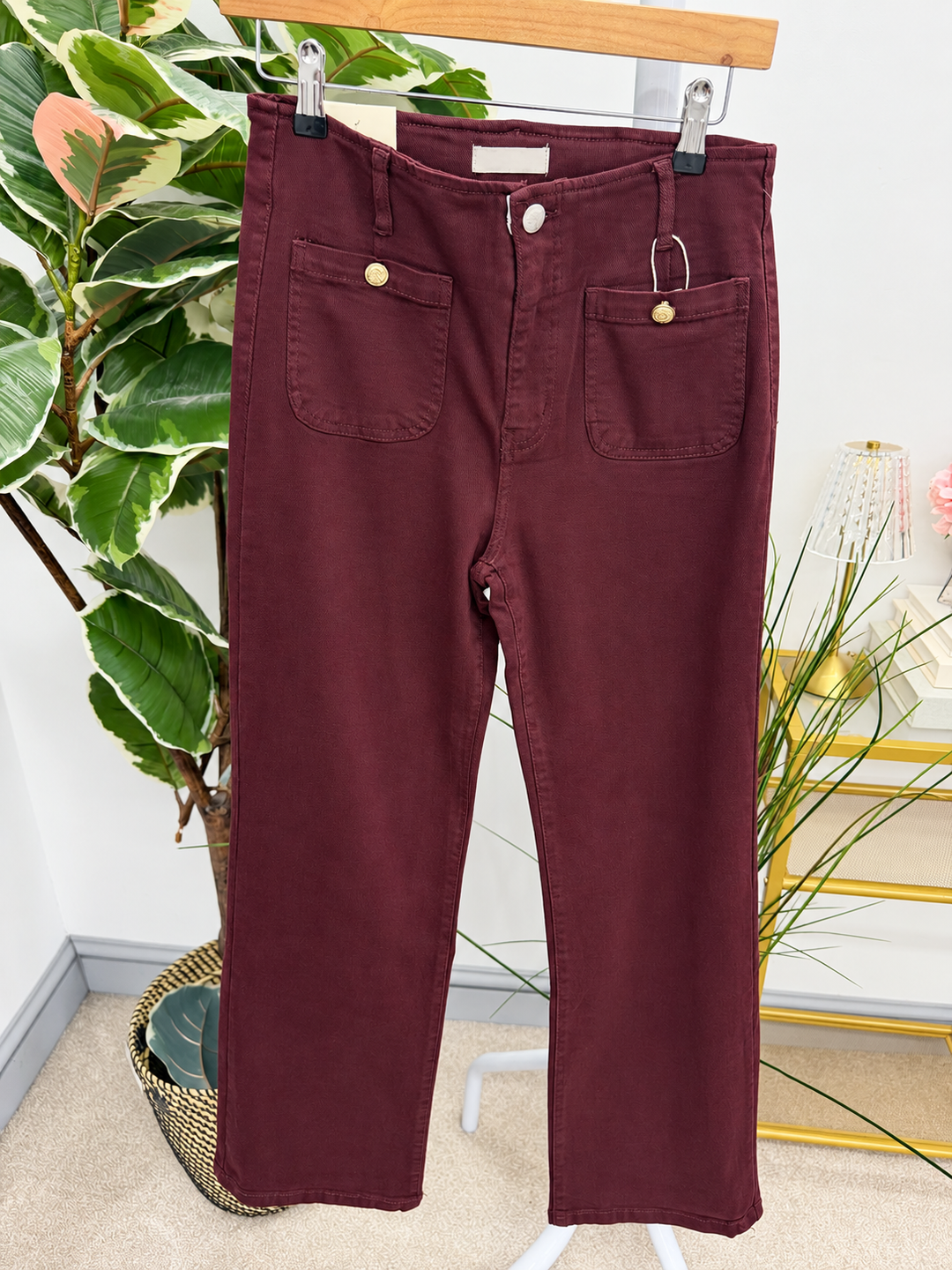 Women's fashion wine burgundy wide leg jeans - sizes 6 to 14