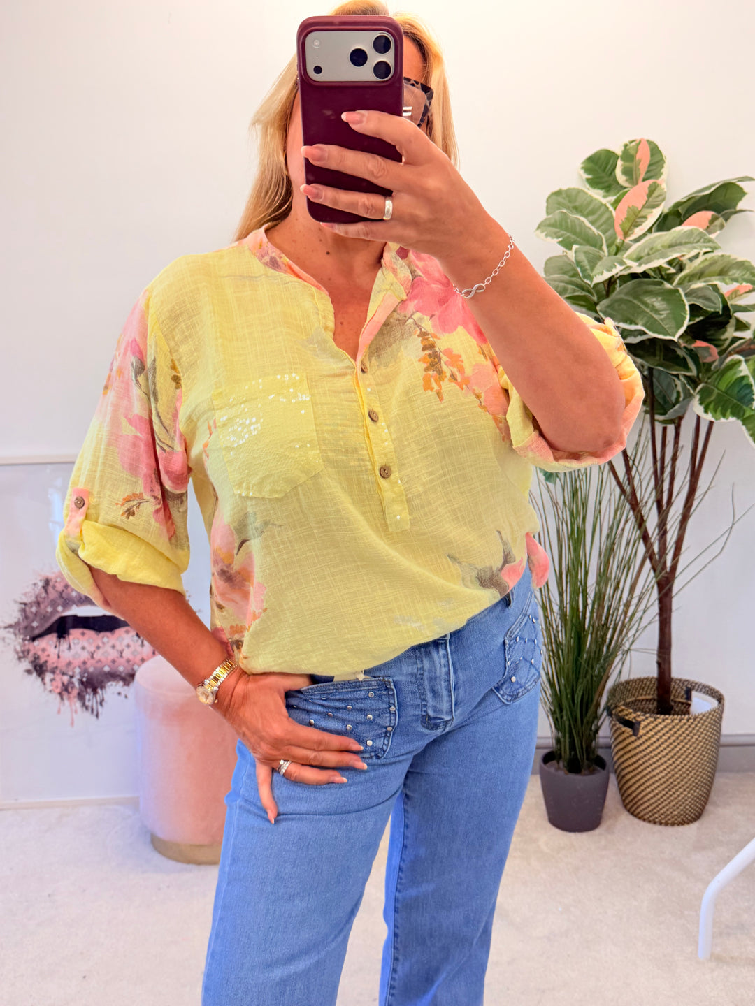 Ladies Floral Print Light Linen Grandad Shirt Top - White, Navy & Lemon