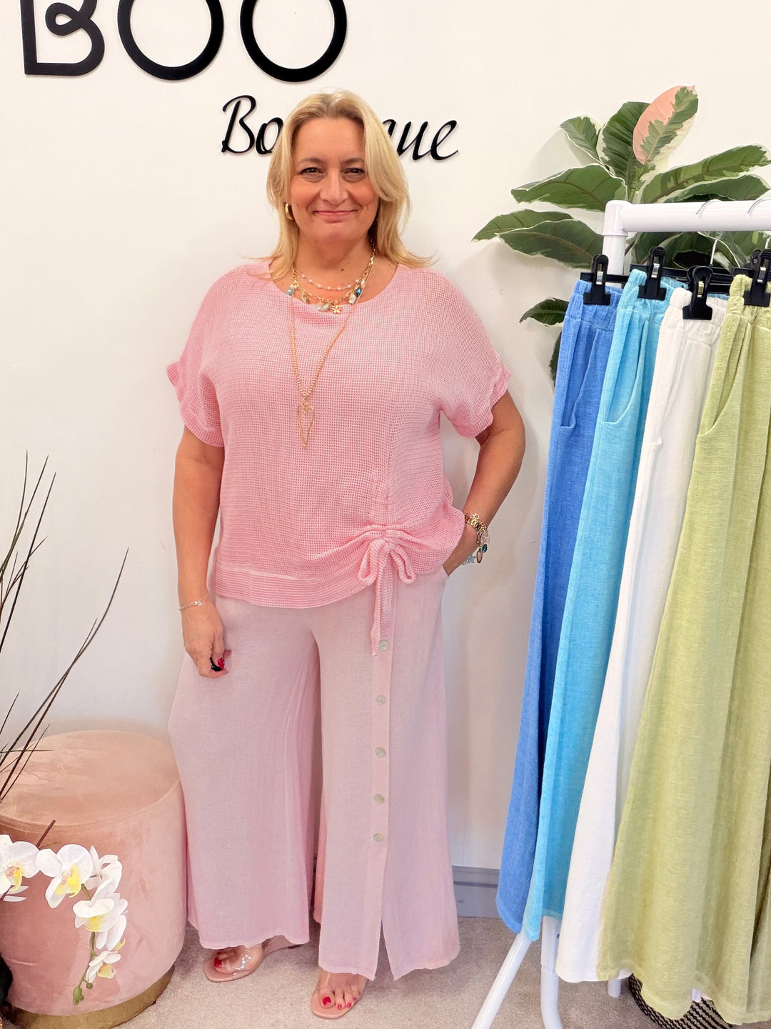Ladies Fashion Wide Leg Palazzo Teabag Linen Trousers candy pink