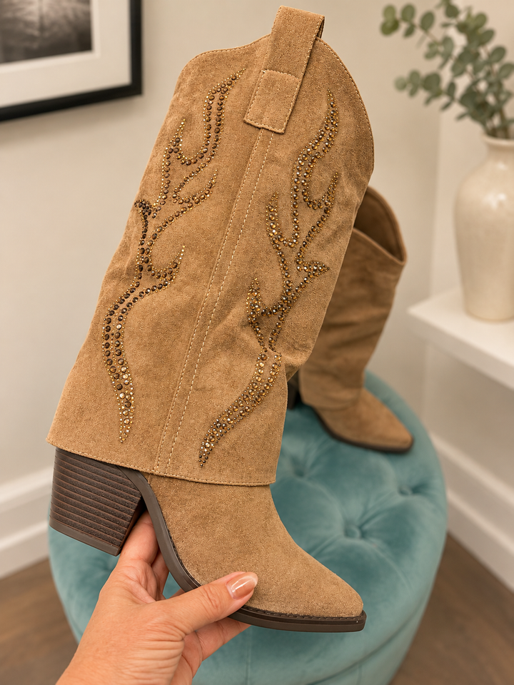 Camel Faux Suede Cowboy Boots ( 10198 )