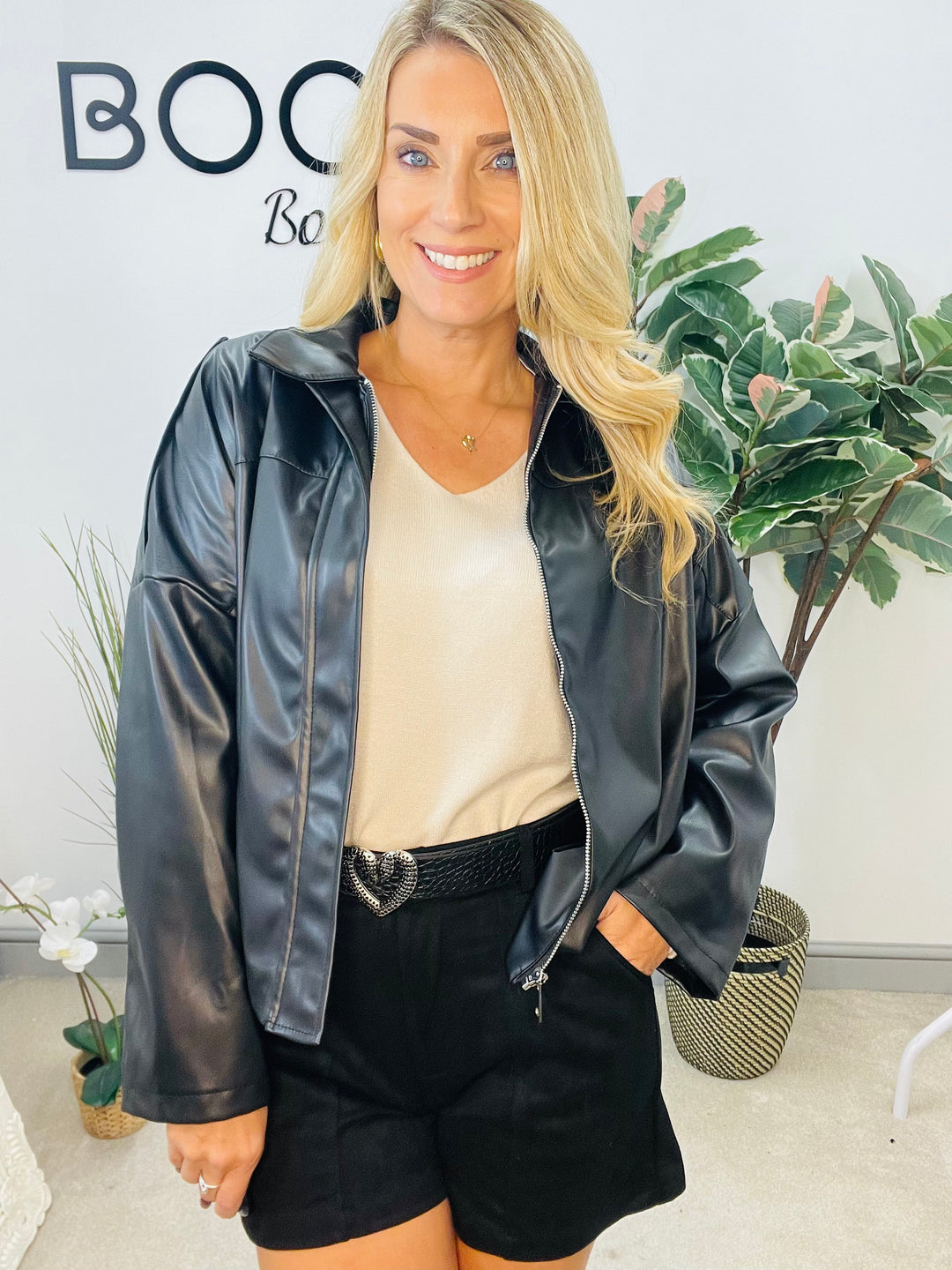 LADIES FASHION FAUX LEATHER BOMBER JACKET - BLACK, BROWN & BEIGE