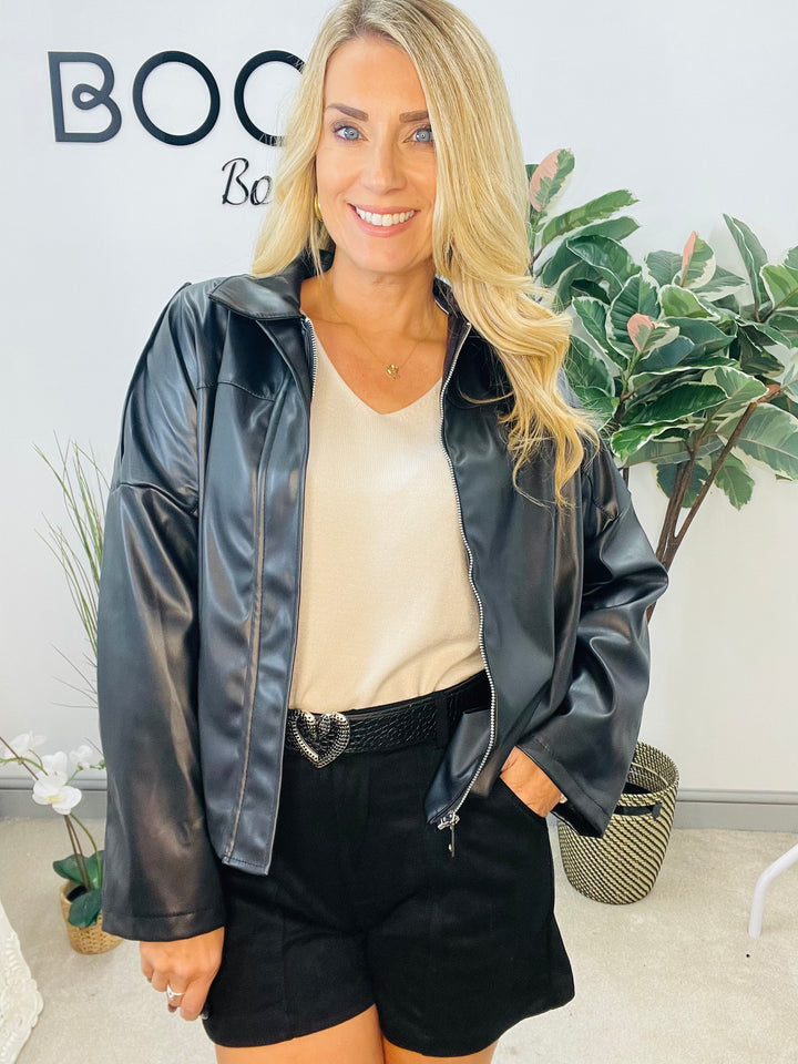 LADIES FASHION FAUX LEATHER BOMBER JACKET - BLACK, BROWN & BEIGE