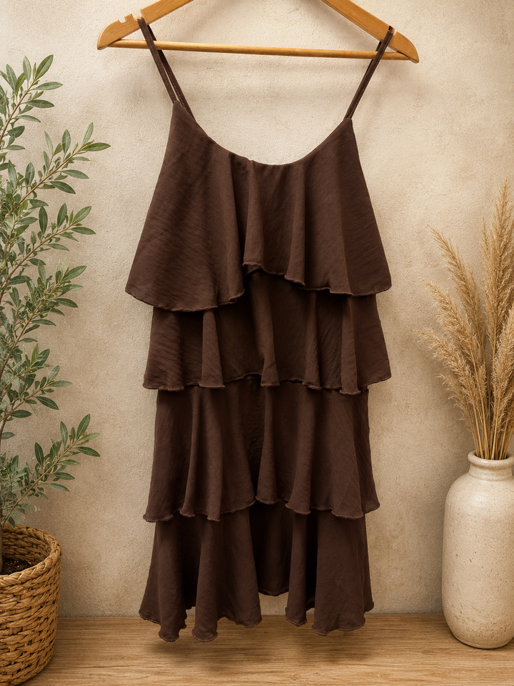 Ladies Frill Layered Summer Dress - Red, Brown, Black, Rust, Green & White