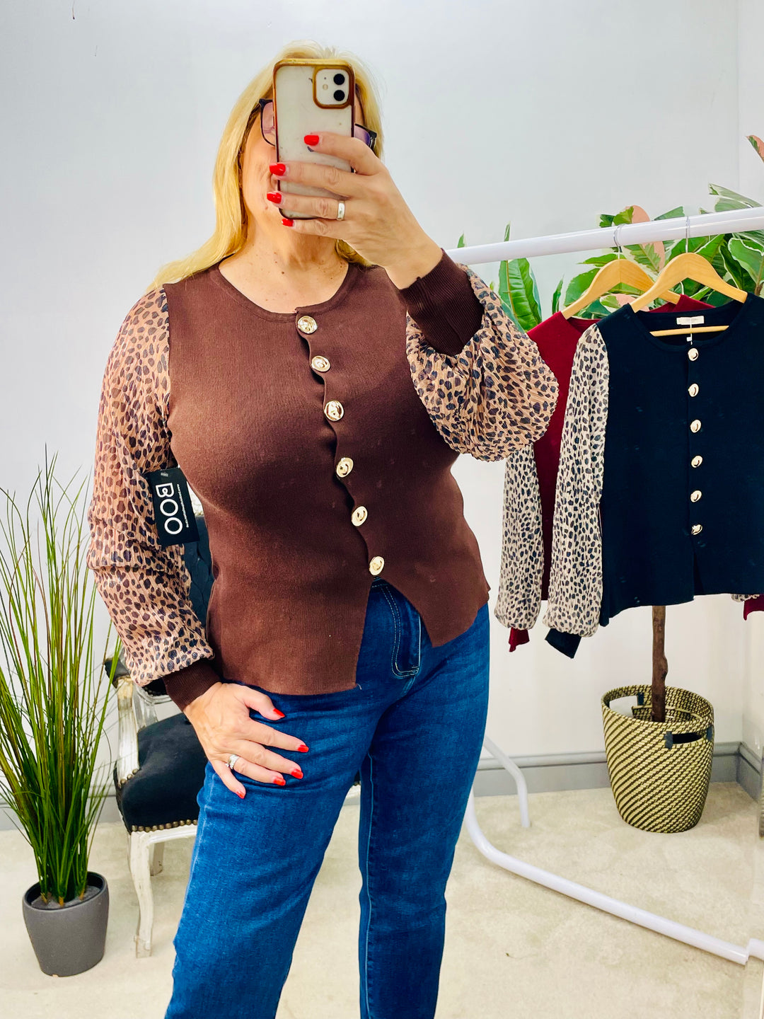 LADIES KNITTED LEOPARD SLEEVE CARDIGAN TOP - BLACK, WINE, BROWN