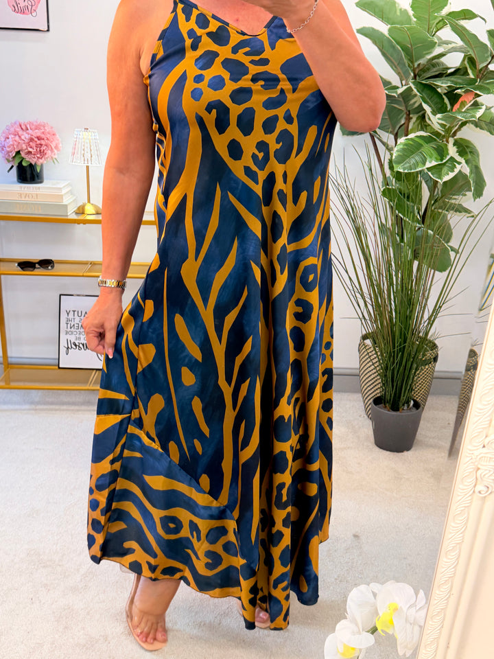 Ladies Satin Summer Maxi Holiday Dress - Navy, Teal & Chocolate