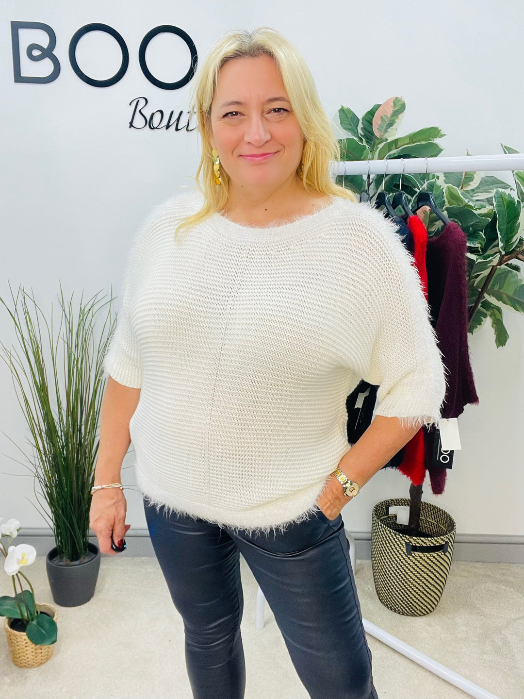 LADIES SOFT FLUFFY KNIT JUMPER - WHITE, BROWN, WINE, RED, BLACK, NAVY