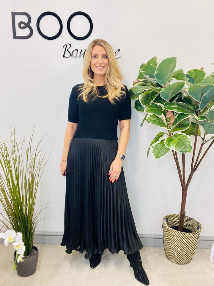 LADIES BLACK JUMPER TOP, SATIN PLEATED SKIRT DRESS