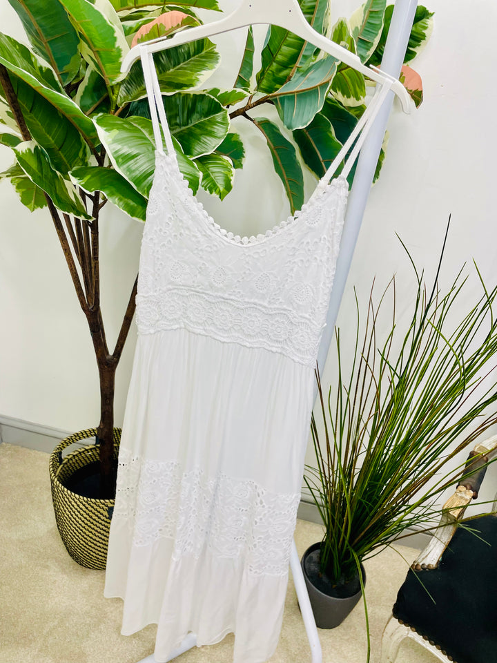 LADIES PRETTY BOHO FEMININE CROCHET DRESS - NAVY, WHITE & LEMON