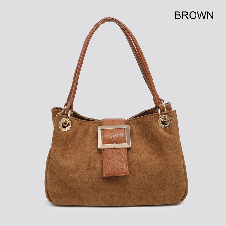Ladies Fashion Faux Suede Small Tote Handbag - black, wine, cream, camel, orange, brown