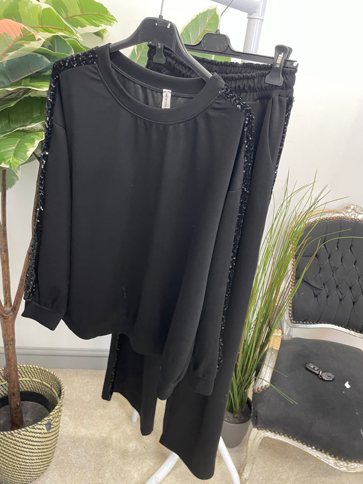 LADIES SEQUIN SCUBA WIDE LEG TROUSER CO ORD SET - BROWN, BLACK, NAVY