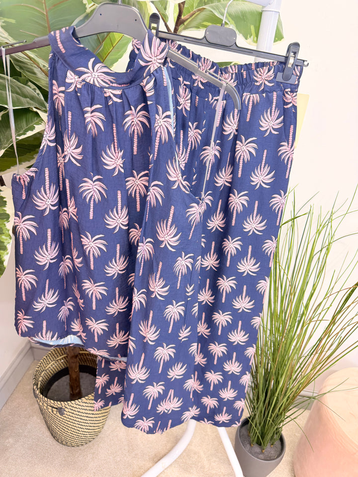 Ladies Palm Tree Print Fashion Trouser Co Ord Set - Navy, White, Pink, Brown & Orange