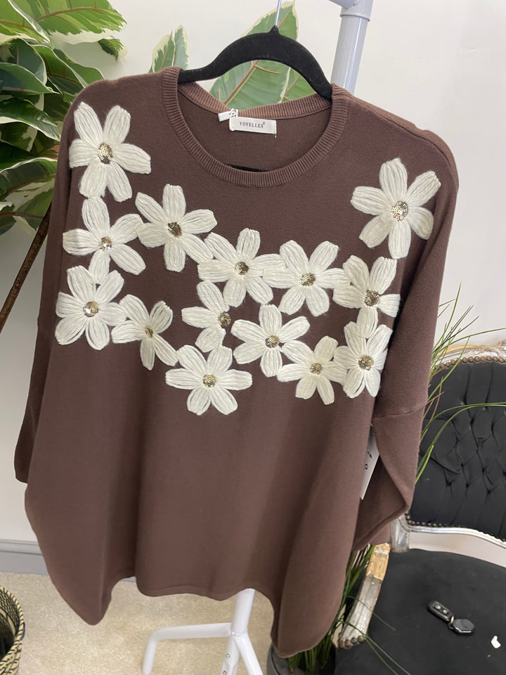 LADIES EMBROIDERED OVERSIZE LOOSE FIT JUMPER CHOCOLATE BROWN